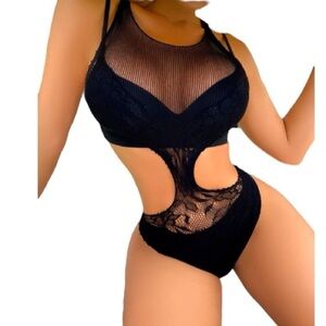 NWT Black Mesh Lace Panel Cut Out Teddy Bodysuit